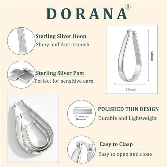 Sterling Silver Oval Hoop Earrings for Women Lightweight Hypoallergenic 40mm - Picture 4 of 6